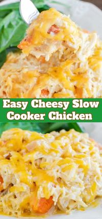 Easy Cheesy Crockpot Chicken is a no fuss dinner that everyone loves! Hearty, creamy, and cheesy- even picky eaters like it! Great meal for busy weeknights!