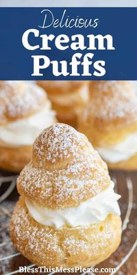 Cream Puffs are a delicate, bite-sized pastry that is filled with a delicious homemade custard and whipped cream. #pastry #baking #custard #recipe