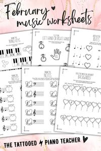 Bundle Pack of 84 No-Prep Print-and-Go Valentine's Day Music Theory Worksheets for beginning piano students. Printable worksheets review black keys and white keys on the piano, the musical alphabet, finger numbers, left hand / right hand, and note values, rest values, music math equations, note naming, and drawing notes on the staff. In this post, discover other fun Valentine's Day music activities as well!