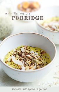 Deliciously creamy breakfast porridge made with healthy nuts, seeds and turmeric, all topped with crunchy coconut flakes and bee pollen. You will never know there are no oats! #keto #lowcarb #breakfast #quickmeals #paleo #vegetarian