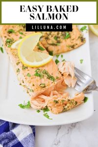 Bake a delicious and healthy pan of salmon for the whole family! Flavored with lemon, garlic, and parsley for a tasty dinner everyone will enjoy. #bakedsalmon #salmon #seafood #maindish #dinner