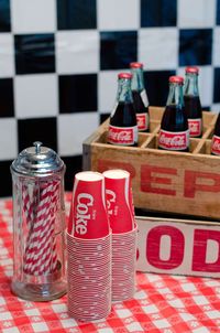 Coca Cola station at a  50's diner retro birthday party! See more party ideas at CatchMyParty.com!