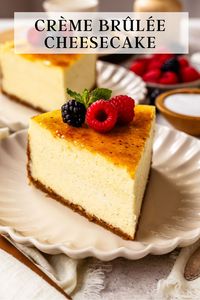 This Crème Brûlée Cheesecake combines the creaminess and richness of a traditional cheesecake with the crunchy caramelized sweetness of creme brûlée. This decadent dessert features a buttery graham cracker crust, a rich cheesecake filling with vanilla bean speckles, and a layer of crunchy caramelized sugar on top.