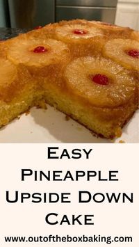 It's so easy to turn a yellow cake mix into this easy Pineapple Upside Down Cake! One can of sliced pineapple rings, 1 cup of brown sugar, some maraschino cherries, and the usual ingredients for a boxed cake mix. . .and you're good to go. Talk about an easy dessert!