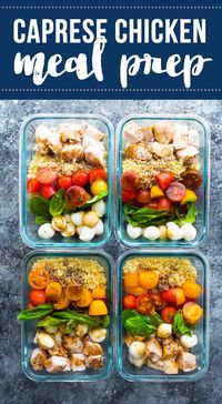 Caprese chicken salad meal prep bowls bring a dose of summer to your lunch. With baked chicken, fresh cherry tomatoes, baby bocconcini, quinoa and basil leaves all drizzled in a balsamic vinaigrette. #sweetpeasandsaffron #mealprep #salad #chicken #quinoa