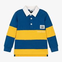 Casual blue and yellow striped rugby shirt for boys by Italian brand iDO Baby, with positive slogans on the front. Ideal for relaxed days, it is made in comfortable cotton jersey, with neat, ribbed cuffs on the long sleeves and a hemline that is longer around the back than the front. It has a white twill collar and branded button fastenings on the front.