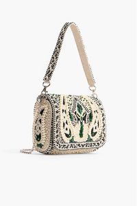 Make way for the queen, for she has risen! This is a bag suited for true royalty! A true vision to behold, luxurious ivory jacquard is embedded with pearl detailing all over to give it a beautiful pearly sheen! The front of this bag is a true work of art, with emerald green, black and white pearl detailing coming toget