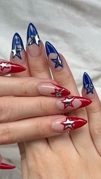 Gelx nails stiletto almond star nails silver metallic america americana design 4th of july red blue French tips