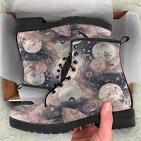 Dreamy Mystical Astrology Inspired Stars Leather boots, Combat Boots Ladies Boots Gifts for Her, Festival Boots All of our Men's and Women's Faux Leather Boots are custom-made-to-order and handcrafted to the highest quality standards. Our unique designs are second to none. When is the last time you walked into a shoe store and found affordable boots in so many different, phenomenal designs. When you're wearing these boots the complements won't stop. Our boots complement your personality... find