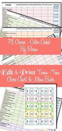 Edit - Print Chore Chart Mom Bucks for  Tweens Teens & Adult Chores - Download by SteeleWizardCreation on Etsy