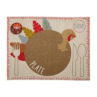 The Kids Table rock when you use our Kids turkey place mat! The two piece set comes with a washed canvas place mat. The place mat features places for a place, spoon, fork and knife. The place mat features a turkey and comes with "Proud Kids Table Member" pin-on button to wear. This place mat is intended for ages 3+. | Mud Pie Kids Turkey Place Mat in Tan | 100% Cotton