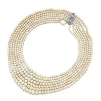 (#472) Natural pearl, sapphire, ruby and diamond necklace