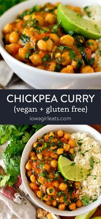 Chickpea Vegan Curry is a meatless main that completely satisfies! Gluten free, vegan, and ready in 30 minutes. You'll flip for this dreamy recipe. | iowagirleats.com keywords: chickpea curry vegan, chickpea curry recipe, vegan recipes, vegan dinner