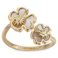 Happy memories of Disney's Lilo & Stitch will always be on hand with this elegant ring. The goldtone design features two tropical hibiscus flowers with Mother of Pearl inlay. Its adjustable bypass styling means it's a perfect fit, in every sense, for Lilo & Stitch fans.