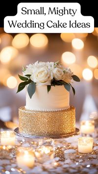 Discover small but mighty cake ideas for your wedding. A one-tier white cake with gold sparkles adds elegance without overdoing it. This stunning gold-wrapped cake will make a bold statement at your celebration. Learn how to make your simple cake shine. Explore more creative wedding cake ideas today!