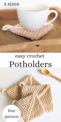 This crochet potholder pattern is easy and quick to make! Double-thick and perfect to use for all your pots and pans. This free hot pad pattern can be made in 3 different sizes. With step-by-step photos and a guided video tutorial you'll have this free crochet pattern done in no time!