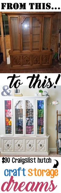 See how I turned a $90 china cabinet from Craigslist into a beautiful yarn and craft supply storage solution!