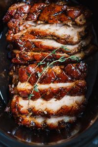 Slow Cooker Pork Belly with Honey Balsamic Glaze - Fall-apart tender and infused with a sticky tangy glaze. - #recipe by #eatwell101