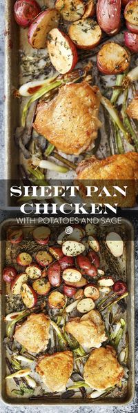 Sheet Pan Herbed Chicken Thighs with Roasted Potatoes and Sage Recipe. Sheet pan dinners and suppers are the ultimate in one pan recipes. This quick and EASY 30 minute dish is great for kids - picky eaters - and adults. Great for a weeknight meal or a sunday supper with your family. Comfort food at its finest, with an entree and a side dish all in one. Try with roasted chicken thighs or breasts this fall or winter. Whole30 / Whole 30 approved!