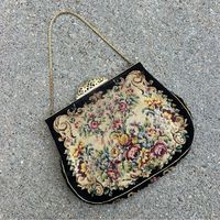 Vintage Jolles Austria Purse Petit Point Embroidered Floral Design Black And Beige With Gold Tone Hardware And Lining Clasp Hinged Top Two Interior Pockets Lined But Has Discoloration Minor Fraying In A Couple Spots 1930s Tapestry