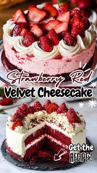 Indulge in this decadent Red Velvet Strawberry Cheesecake Recipe! Combining rich red velvet cake layers with creamy cheesecake and fresh strawberries, this dessert is perfect for special occasions or anytime you crave something sweet and indulgent.  #RedVelvetCheesecake #StrawberryDessert #CheesecakeLovers #DecadentDesserts #BakingInspiration