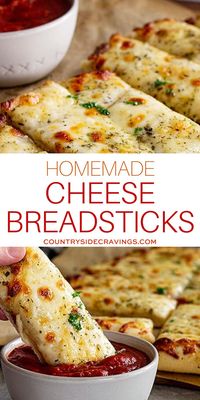 Cheese Breadsticks make the perfect side for Italian night! Easy homemade pizza dough brushed with butter, topped with garlic and herbs, and lots of cheese! #cheesebreadsticks #homemadebreadstick