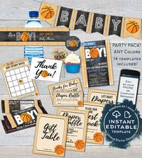 Huge Value! This Basketball Baby Shower digital printable party pack - is perfect for your sports loving baby boy! Save BIG when you buy the bundle. Easily edit to add your name and make it your favorite team colors - then print and decorate!   #partypack #partydecorations #basketballtheme #babyboyshower #basketballbabyshower #sportsthemebabyshower #partyprintables #savebig #hugevalue #uniquedigitaldesigns #instantdownload #basketballboy