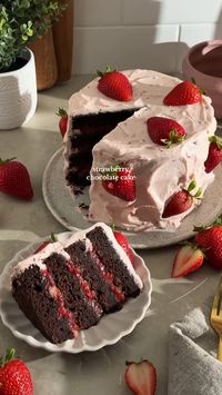 This strawberry chocolate cake is made with layers of rich and fudgy chocolate cake with homemade strawberry jam and fresh strawberries in between each layer. It's all covered with a strawberry cream cheese frosting for even more strawberry flavour!