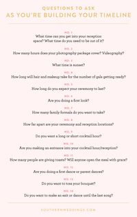 Questions to consider when building your wedding day timeline! via Southern Weddings