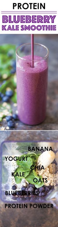 Protein Blueberry Kale Smoothie - A protein-packed healthy yet equally tasty breakfast that can be made in just 5 min! And you won't even taste the kale!