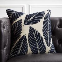 Shop 18" Frond Natural Jute and Velvet Pillow. Cotton velvet palm leaves and rayon embroidery layer on top of a natural jute base. Backed in solid navy blue cotton, multi-textured pillow makes a bold statement wherever it's tossed.