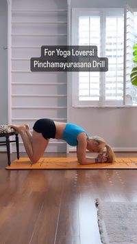 This yoga drill for Pinchamayurasana requires a soft chair (sofa might work) or shoes! This drill drill will help you build shoulder and core strength while letting you experience the feeling of stacking hips over shoulders. The most common thing I’ve seen that limits students from ever finding balance in poses such as Pinchamayurasana is that the student will try to find balance in a pose that they don’t yet have the strength to hold. When drills like this feel easy, it’s a good indication t