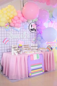 Bring on the colors and fab decor, this Pastel 90's Pop Art Birthday Party by Lala Manuel of Popping Parties, out of Manila, Philippines, will have you screaming for more! ...From the amazing backdrops to the custom signs and props, this event is one you gotta see! So roll up your sleeves and stroll on in and check out these favorite details before you go:  Darling 90's Themed Dessert Table Balloon + Paper Lantern Ceiling 90's Shape Art Props Pastel Balloon Garlands 90's-inspired Table Centerpie