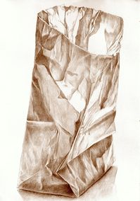 ART DRAWING, "Brown Paper Bag 2" sepia pencil drawing, kitchen art, still life