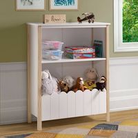 Keeping your little one’s play space organized is a breeze with this bookcase. A fun and functional farmhouse look will encourage your child to keep their space tidy. Two upper shelves and a lower bin accented with a fence design are perfectly sized to fit all your child’s books, stuffed animals, and toys. The combination of a white finish with natural pine wood accents will combine well with any décor. Solidly constructed square peg legs provide support on any flat surface.  Overall Width: 35.6