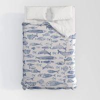 Fishes pattern, classic, sea, ocean, underwater, water, pattern, fishes, fish, whales, nautical, white-blue, painting, digital, stripes, summer, beach, sharks, navy, blue, Duvet Cover