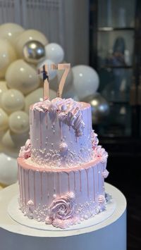 pink floral 17 birthday cake decoration ideas inspiration pearls roses white theme flower flowery swirls baking cakes two tier fresh cream butter sugar