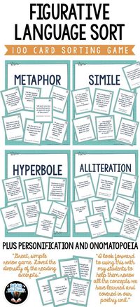 Figurative Language Sort Activity 100 Card Sorting Game Simile, Metaphor & more | Teaching figurative language, Figurative language, Language