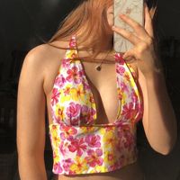 Brand Name: hiriginOrigin: CN(Origin)Material: CottonMaterial: PolyesterDecoration: BacklessClothing Length: ShortAge: 16-28 Years OldItem Type: TopsTops Type: CamisFabric Type: BroadclothModel Number: Women Halter TopGender: WOMENStyle: StreetwearPattern Type: Floral