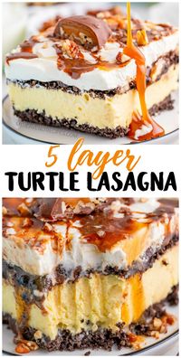 5 Layer Turtle Lasagna Dessert- no bake easy dessert to make for a party! Turtle like the chocolate caramels! So delicious.