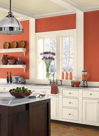 Benjamin Moore Paint Colors - Orange Kitchen Ideas - Ripened-Orange Kitchen - Paint Color Schemes . . . . . A strong reddish-orange shade conveys energy and confidence. . . . . . Wall - Fire Dance (2171-20); Ceiling - Jicama (AF-315); Trim - White Dove (OC-17).