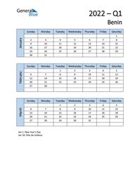 Free quarterly calendar for Benin with holidays. Holiday calendars in PDF, Word, and Excel are printable and easy to customize.