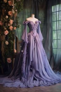 #ad Great Shopping Purple Medieval Prom Dress One Shoulder Fairy Long Sleeve 3D Floral Applique, Fashion Dresses