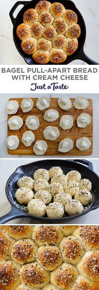 Bagel Pull-Apart Bread stuffed with cream cheese is an easy breakfast recipe made with just four ingredients! Grab the refrigerated biscuits and your favorite cream cheese for this easy bagel bites recipe. justataste.com #bagelbites #pullapartbread #everythingbagelseasoningrecipes #bagel #breakfastideas #justatasterecipes