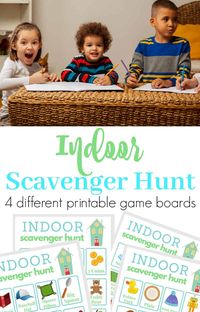 top image of 3 children with paper and pencils, lower image of 4 indoor scavenger hunt boards