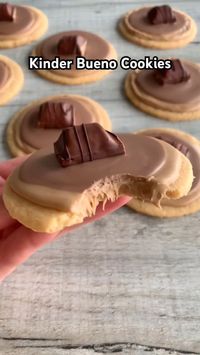 For the shortbread cookies: 110g salted butter, softened 60g granulated sugar 165g plain flour Topping: 1 tbsp hazelnut creme spread per cookie 100g Kinder chocolate, melted Optional: Kinder Bueno chunks Makes about 10 cookies Bake 170C/(150C fan) 10-12 mins