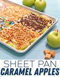 These sheet pan caramel apples are the easy way to make your favorite fall treat. GENIUS! Regular caramel apples are hard to make and hard to eat too. These are so great for a party.