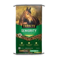 Tribute Equine Nutrition Seniority Pellet Horse Feed is a lower NSC pelleted complete feed designed for mature horses. This horse feed offers your horse a number of nutritional benefits. Key Benefits: Pellet Primary Diet All Life Stages Item Number: 5342420 Brand: Tribute Food Type: Horse Feed Intended Pets: Horses Nutritional Option: No corn formula results in lower sugar and starch levels. May be used as a complete feed for total forage replacement. Optimal balance of essential amino acids, or