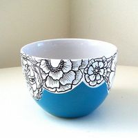 Ceramic Bowl Flowers Blue Black White Botanicals Painted Floral Turquoise Housewarming Wedding Gift by sewZinski.: