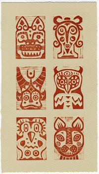 Little woodcuts of curious characters inspired by ancient artifacts, printed in red on buff Somerset paper, signed and numbered as 2/6 on the back.